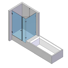 Glasdusche neben Badewannen und einer Tür + rechts zwei Seitenteile
