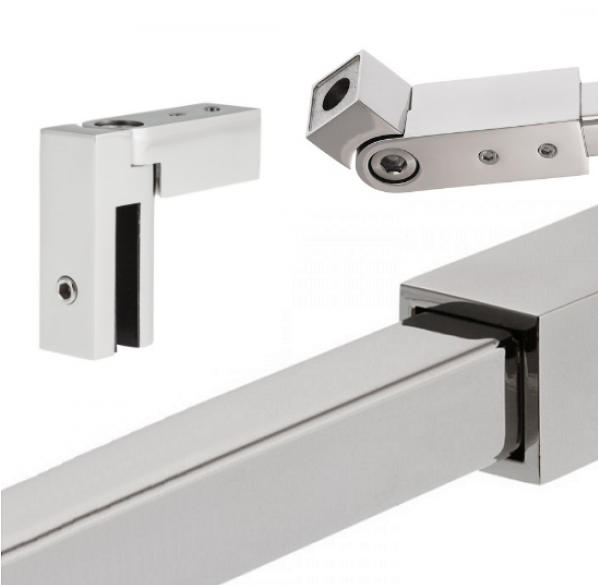 Set besteht aus Stabilisationsstange, Glasklemme und Wandmuffe aus Edelstahl VSG Dusche