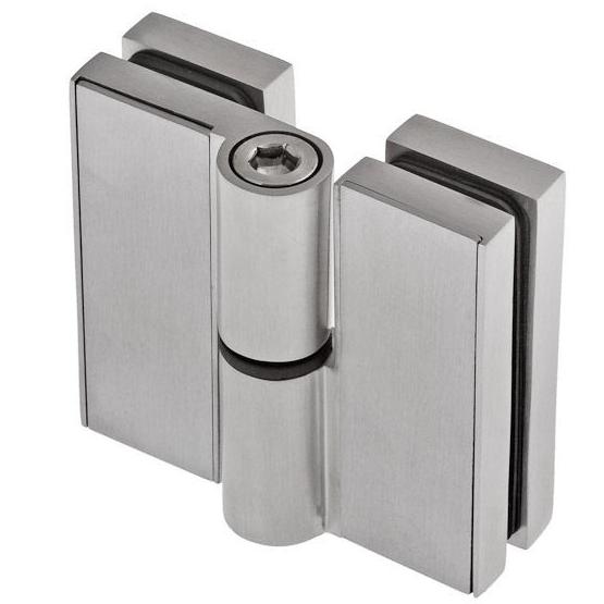 Glas-Glas Scharnier 180 Grad, linear mit Abdeckplatte und Rechtsanschlag der Beschlagserie Angular